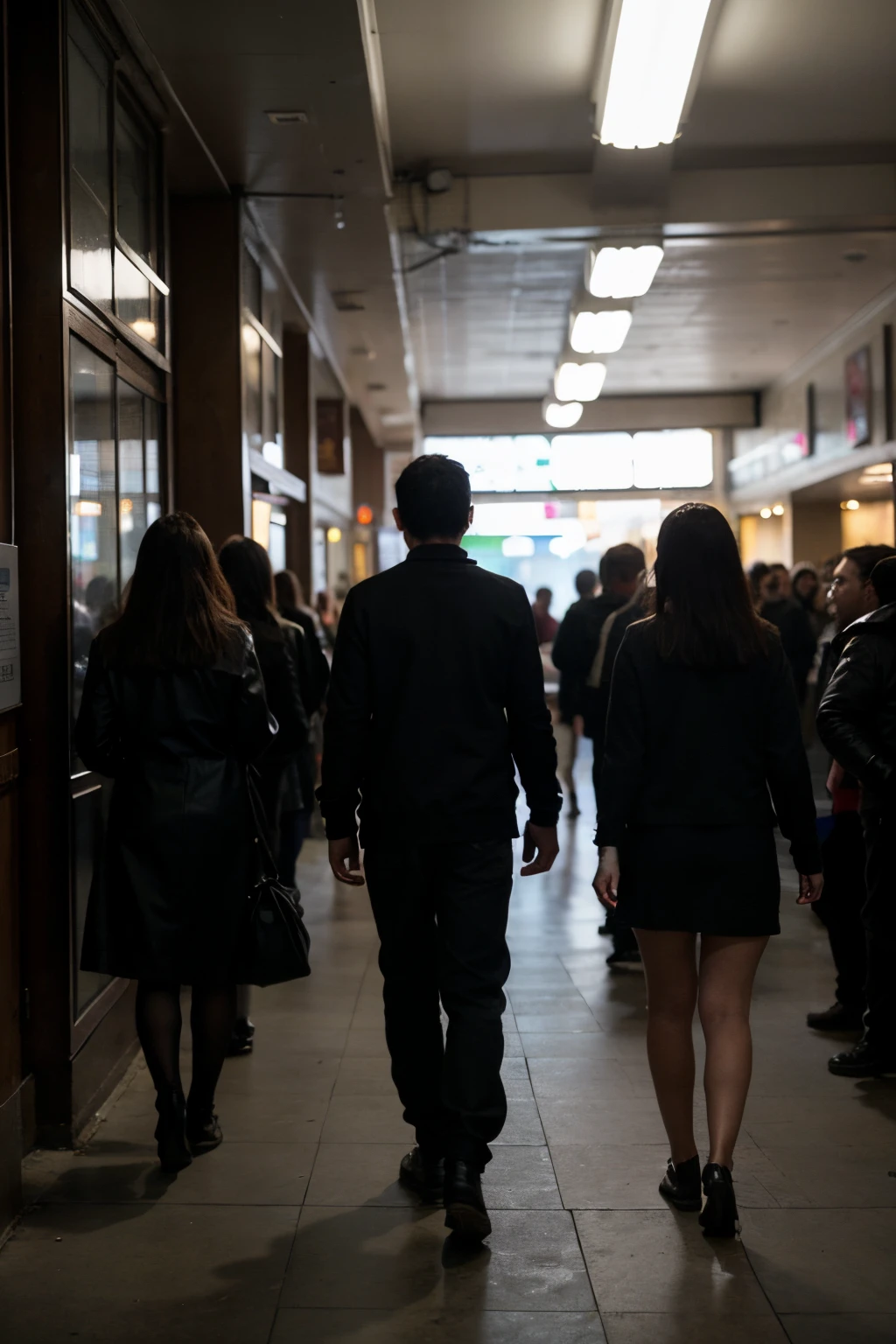 a human shadow figure that walks away in a crowded place