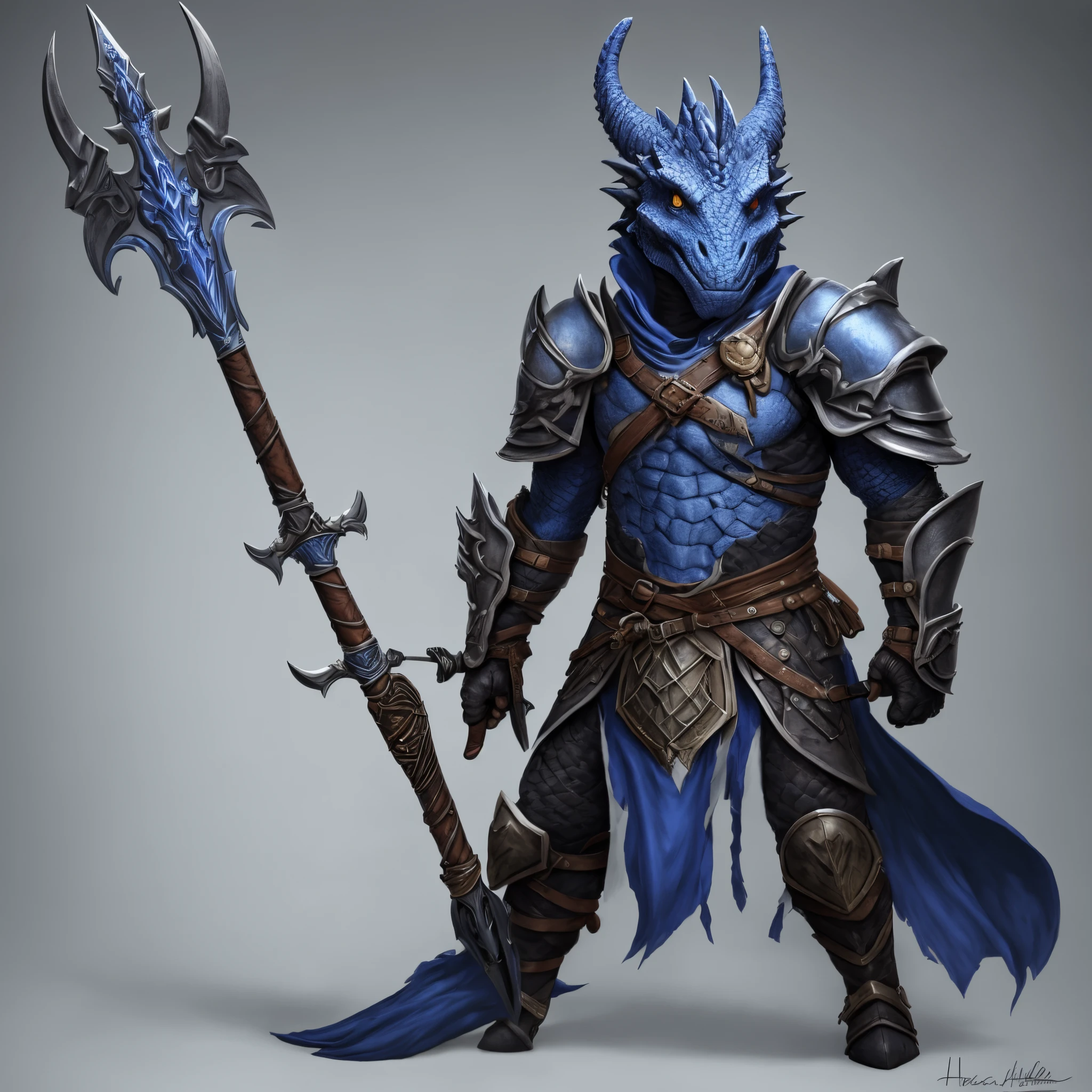 Hyperrealism blue dragonborn paladin. Holding a halberd.