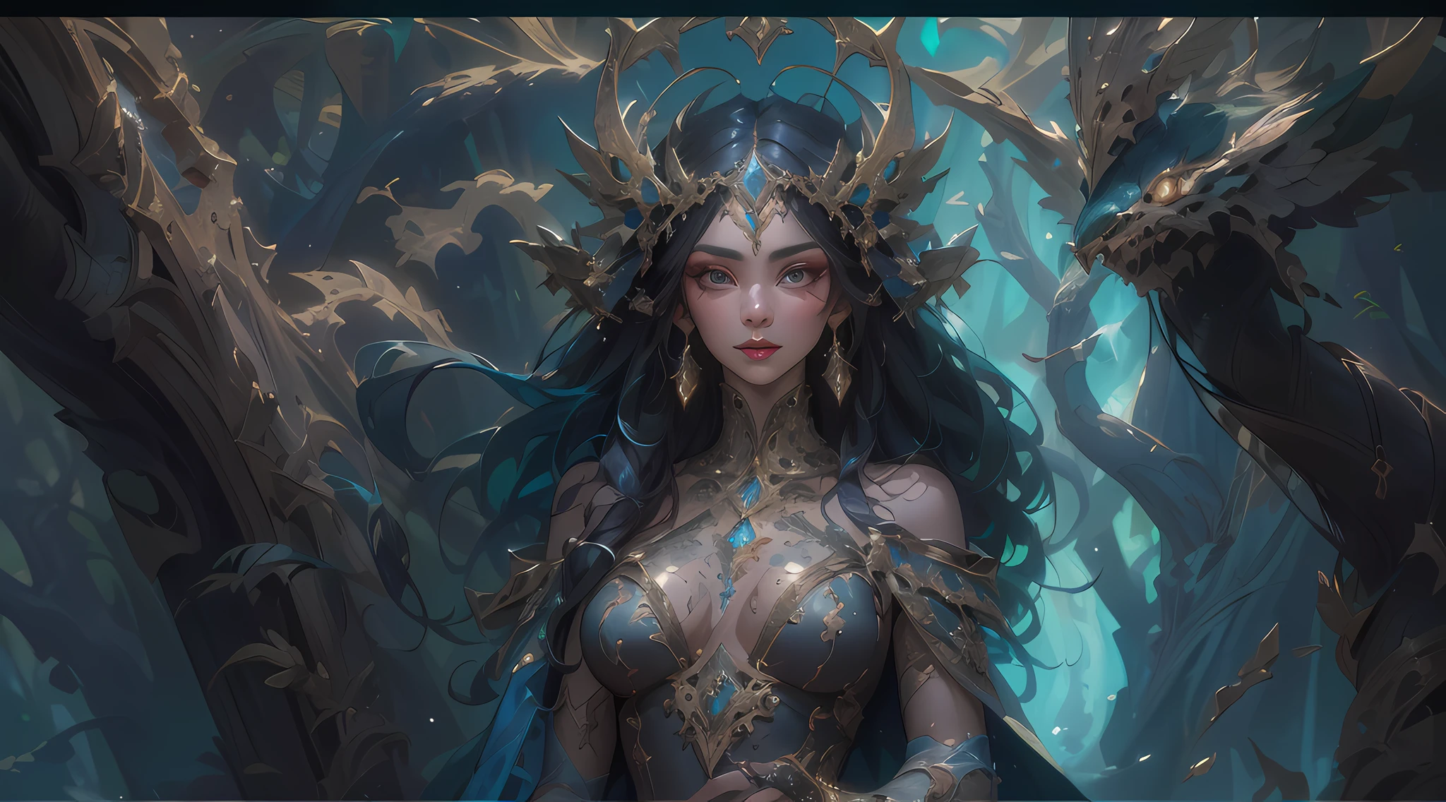 high details, best quality, 8k, [ultra detailed], masterpiece, best quality, (extremely detailed), dynamic angle, ultra wide shot, photorealistic, fantasy art, dnd art, rpg art, realistic art, an ultra wide picture of druid grove in a fantasy forest and its druid warden observing all, a fantasy forest (intricate details, Masterpiece, best quality: 1.5), many trees, a stream of water (intricate details, Masterpiece, best quality: 1.5), waterfall (intricate details, Masterpiece, best quality: 1.5), human female druid, full body (intricate details, Masterpiece, best quality: 1.5), exquisite beautiful woman druid (intricate details, Masterpiece, best quality: 1.5), ultra detailed face (intricate details, Masterpiece, best quality: 1.5), black hair, long hair, wavy hair (intricate details, Masterpiece, best quality: 1.5),, dynamic eyes color, fair skin, wearing blue cloak (intricate details, Masterpiece, best quality: 1.5), green robe (intricate details, Masterpiece, best quality: 1.5), cinematic light, pastoral atmosphere, divine light, gods rays,