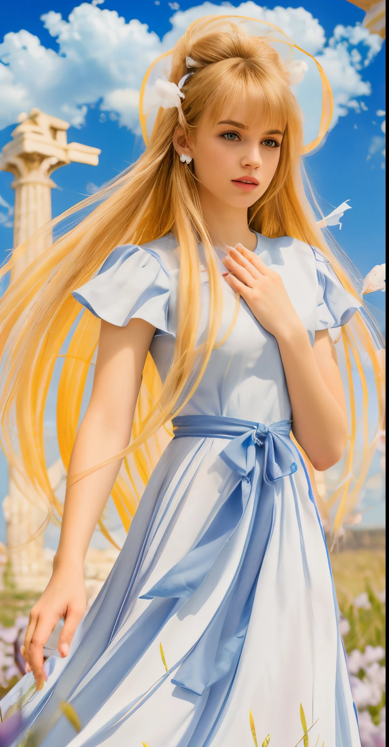 High-resolution, hyper-realistic. Masterpiece, full-body of beautiful woman about 20 years old. 1girl, greek, front view, slightly looking down, slightly side face, ((big narrowed eyes)), ((pretty beautiful face)), detailed face, delicate face, delicate nose, delicate lips, rose lips, ((perfect lips)), long blonde hair, straight hair, messy hair, ((bangs)), (loose hair)), hair blowing in the air, wearing a long white dress, ruffle collar on dress, lilac ribbon tied around the waist, ((perfect hands)), ((well done hands), ((well done fingers)), (((perfect ear))), ((greek column, blue sky, grass with flowers background)). Cinematic light.