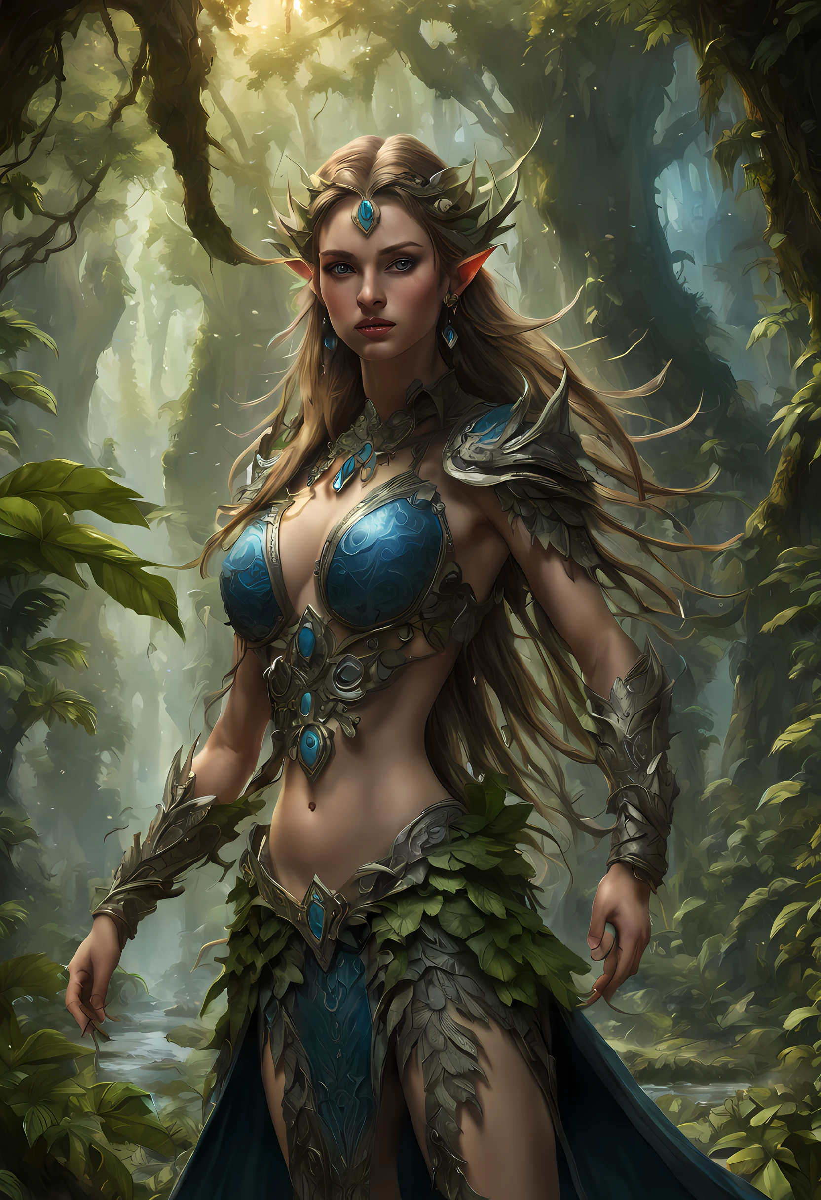 high details, best quality, 16k, [ultra detailed], masterpiece, best quality, (extremely detailed), drkfntasy,  tanjoreai, dynamic angle, ultra wide shot, RAW, photorealistic, fantasy art, realistic art, a female elf druid  (intricate details, Masterpiece, best quality: 1.5) in a jungle, a female elf wearing leather clothes  intricate details, Masterpiece, best quality: 1.4), leather boots, thick hair, long hair, brown hair, intense blue eyes, vibrant jungle (intense details), plenty of plant life, vines coming from trees,  many jungle trees (1.3 intricate details, Masterpiece, best quality), vines, a river flowing, sun light, dynamic light. dynamic angle, (intricate details, Masterpiece, best quality: 1.5) , 2.5 rendering, high details, best quality, highres, ultra wide angle