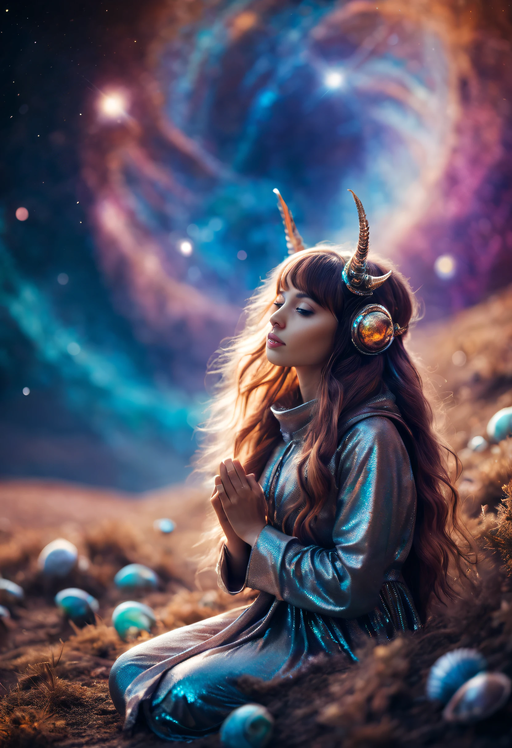 " Girl from the stars, (shimmering fur), celestial antennae, shell of wonder, planetary dreamscape, (cosmic enchantment), surreal artistry, vibrant and alien palette",kneeling, wide shot, f/1.8, bokeh