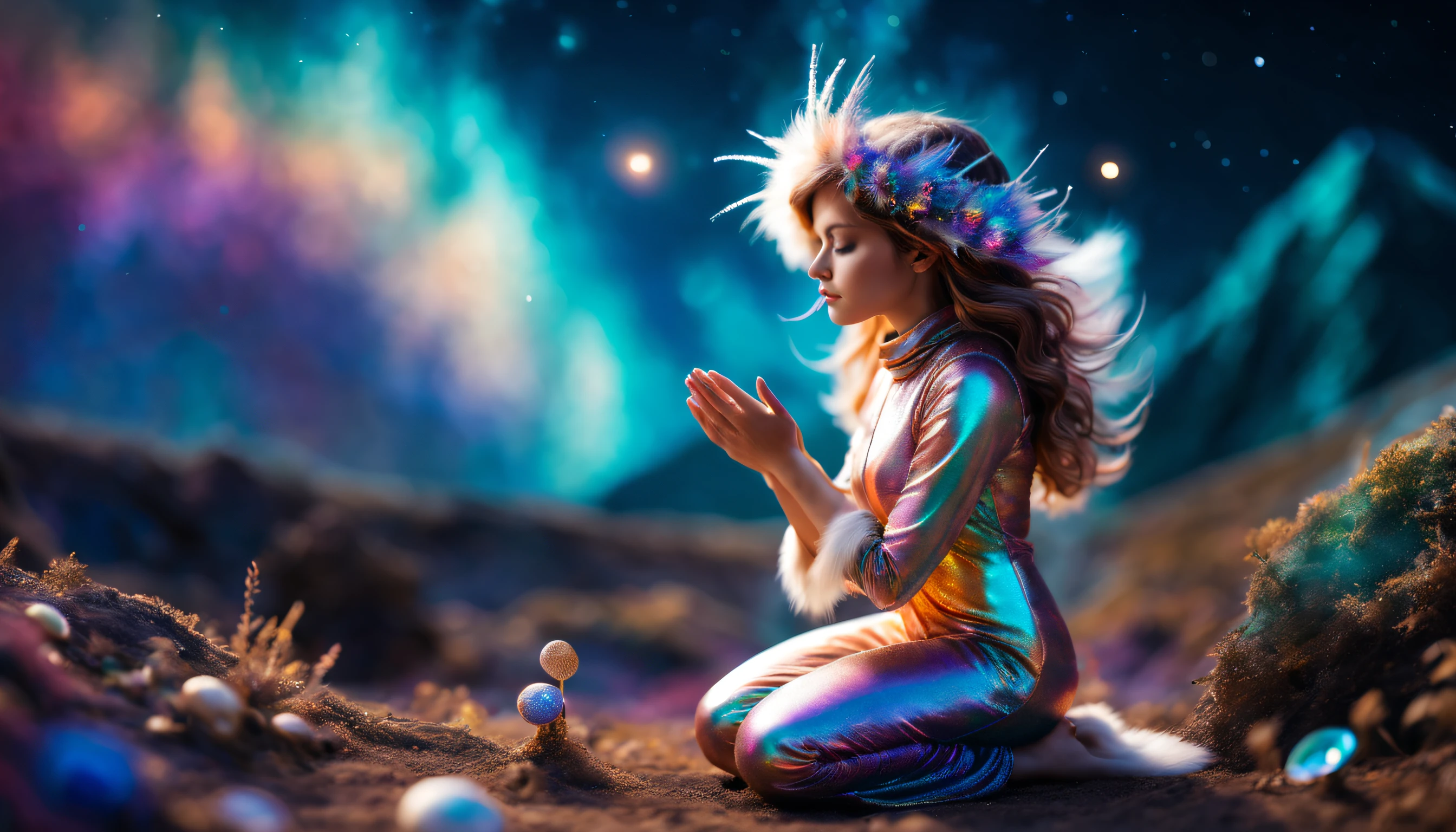 " Girl from the stars, (shimmering fur), celestial antennae, shell of wonder, planetary dreamscape, (cosmic enchantment), surreal artistry, vibrant and alien palette",kneeling, wide shot, f/1.8, bokeh