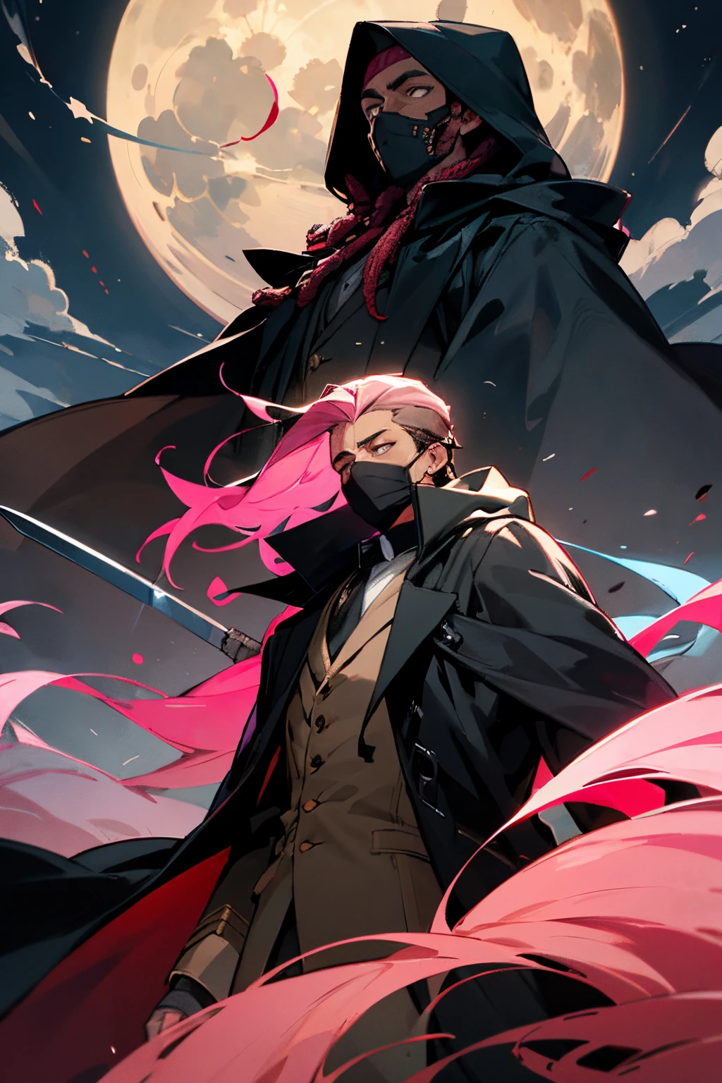 A brown man, fully hooded and in a black overcoat, with his pink dreadlock showing, with a black mask on his face and two short swords in his hands under the moonlight.