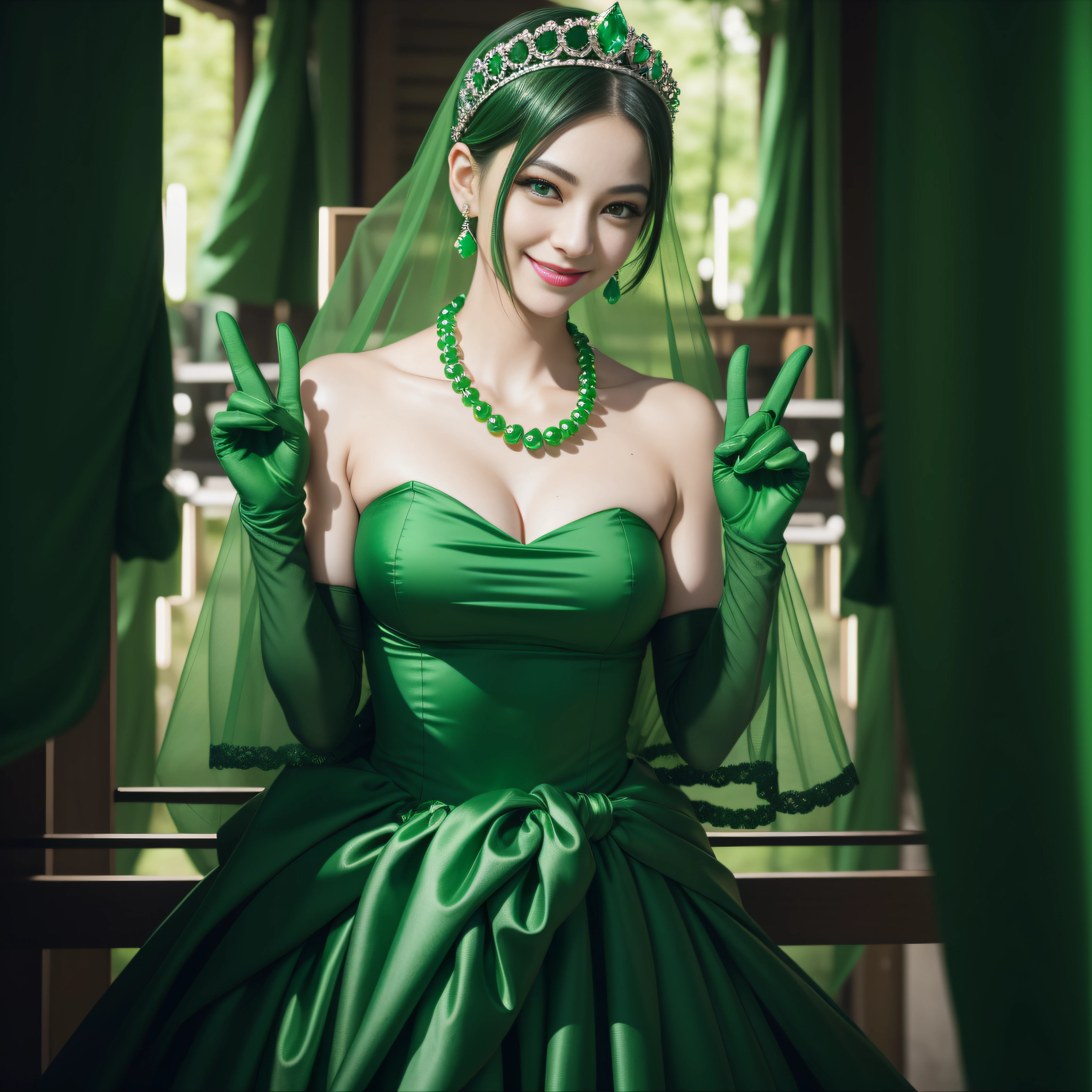 emerald tiara, Green Pearl Necklace, Boyish very short green hair, lipsticks, Japan woman smiling, very short short hair, big breasts beautiful, Green eyes, Long green gloves made of satin material, Green eyes, Emerald Earrings, green vale, v sign