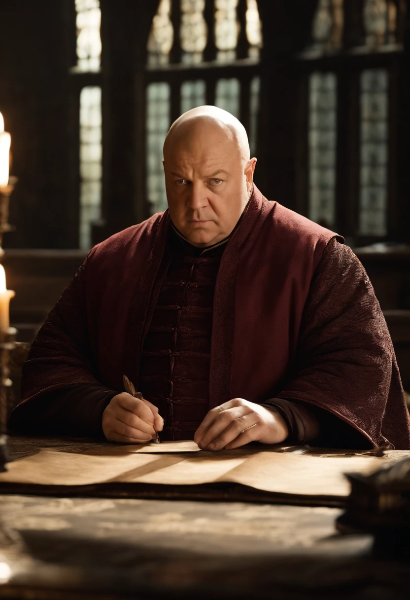 A photo of Varys seated at a desk, carefully analyzing a scroll with a quill in hand,HBO's Game of Thrones,Varys is a heavier set bald man, who wears fine embroidered robes, famously portrayed by Conleth Hill, male