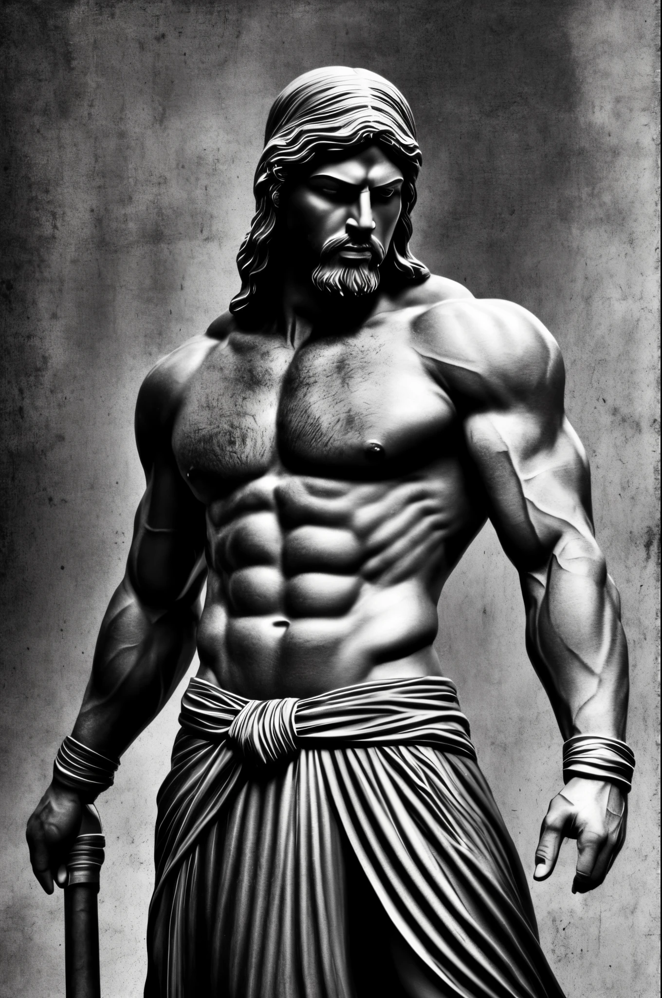 greek warrior troy achilles stoic menacing full body greek statue face like statue black and white photorealistic most realistic flowing garb --auto --s2