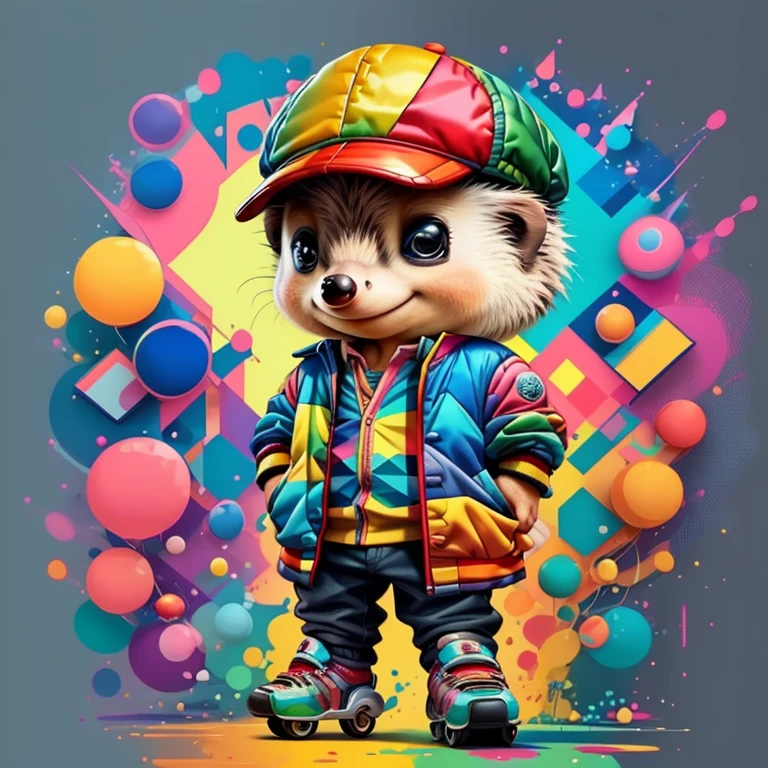 (cute hedgehog with cap, sport jacket and rollerblades),(melhor pose),(best angle), (better expression), Eduardo Kobra acolchoamento ,multidimensional geometric wall PORTRAIT, arte, Chibi,
Yang08k, lindo, Colouring,
Primary works, qualidade superior, melhor qualidade, Arte Oficial, Beautiful and Aesthetic, pelos coloridos,