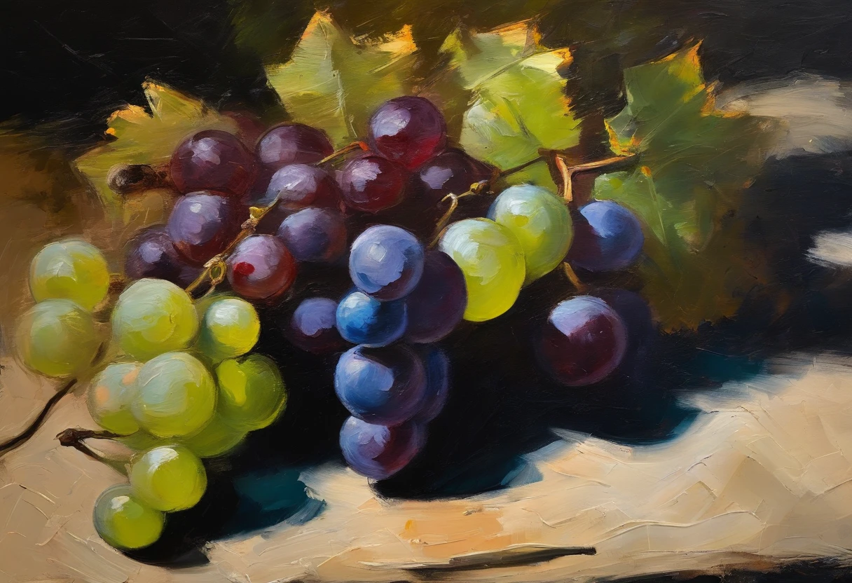 still life with grapes, oscuridad, pinceladas pesadas, pinceladas brillantes, textura canvas, fondo negro (in the style of Basquiat)