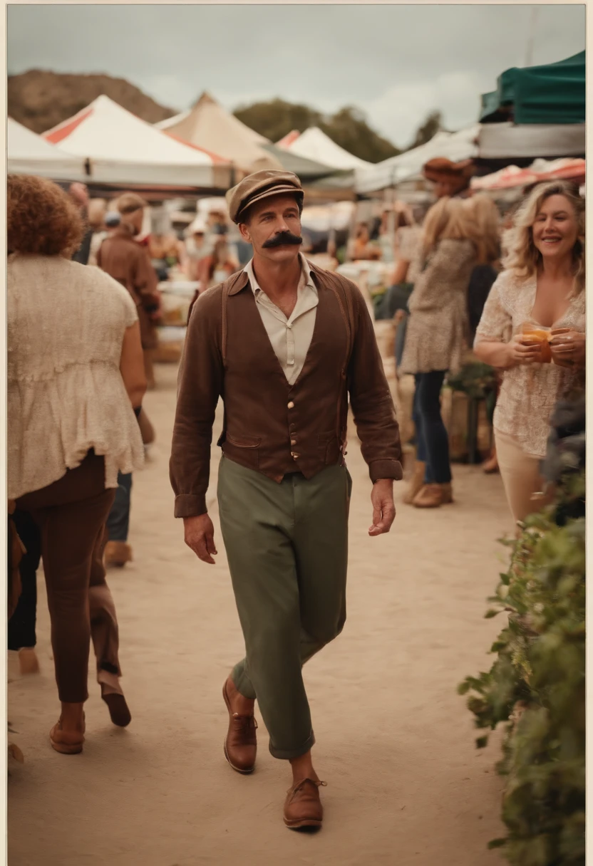 A boomerang video of Timothy nervously approaching a woman at a farmers market and offering her a sample of his homemade chocolate cake.,original,Hipster, mustache, man, wears mariners hat,, male