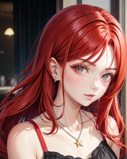 1girl, ((red hair)), camisole, portrait, diamond stud earrings, necklace