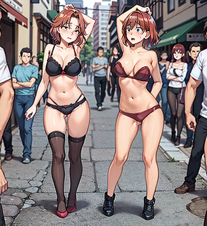 Sexy 25 year old woman, short hair, red hair, bra and panties, only wearing underwear, solid color underwear, black knee high socks, shoes, outside, walking, busy city street, nighttime, embarrassed, shy, crowd, knees in, posing, hands behind head, full body