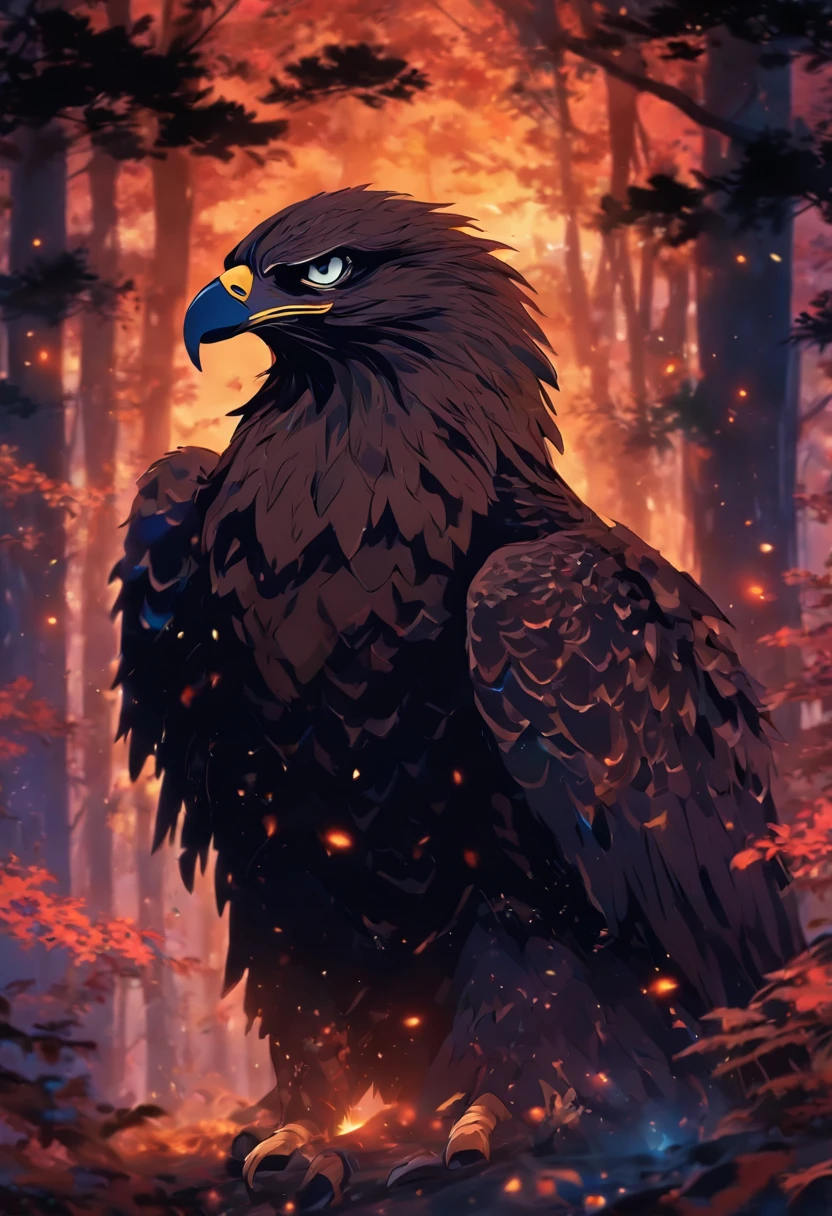 An eagle flies in the woods,spooky ambiance,Inspired by the mythical creature wildnet,Digital art on Pixiv,strong lights,hight contrast,Horror movie theme,Dark atmosphere,onmyoji,Chinese folk horror comics,