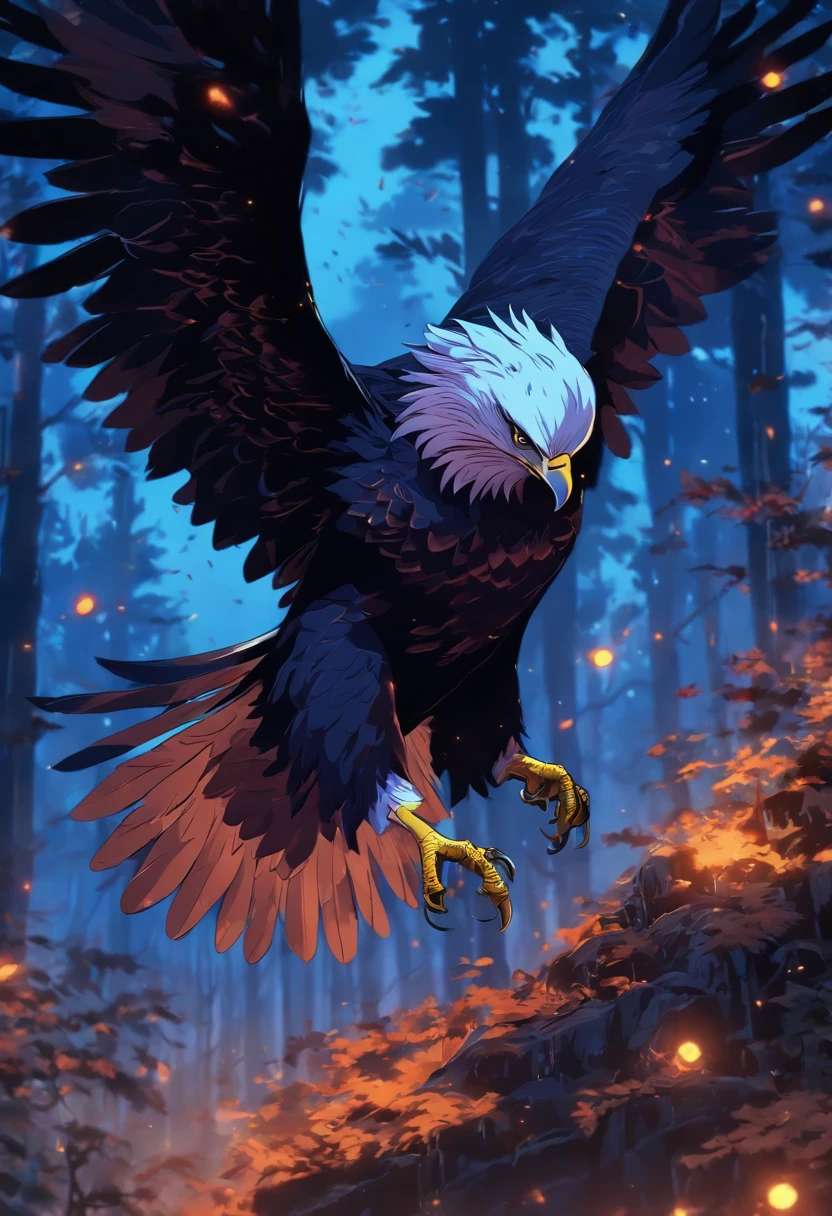 An eagle flies in the woods，spooky ambiance，Inspired by the mythical creature wildnet，Digital art on Pixiv，strong lights，hight contrast，Horror movie theme，Dark atmosphere，onmyoji，Chinese folk horror comics，