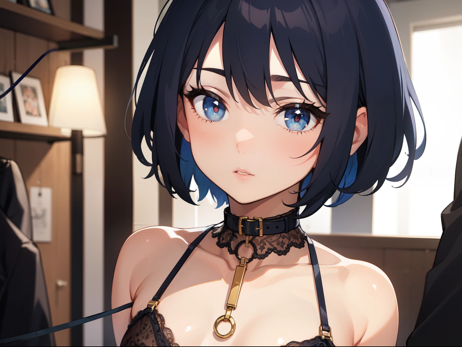 ((best quality)), ((masterpiece)), (detailed), lace lingerie, underwear, perfect face, small petite body, lustful eyes, short blue hair, wearing a leash