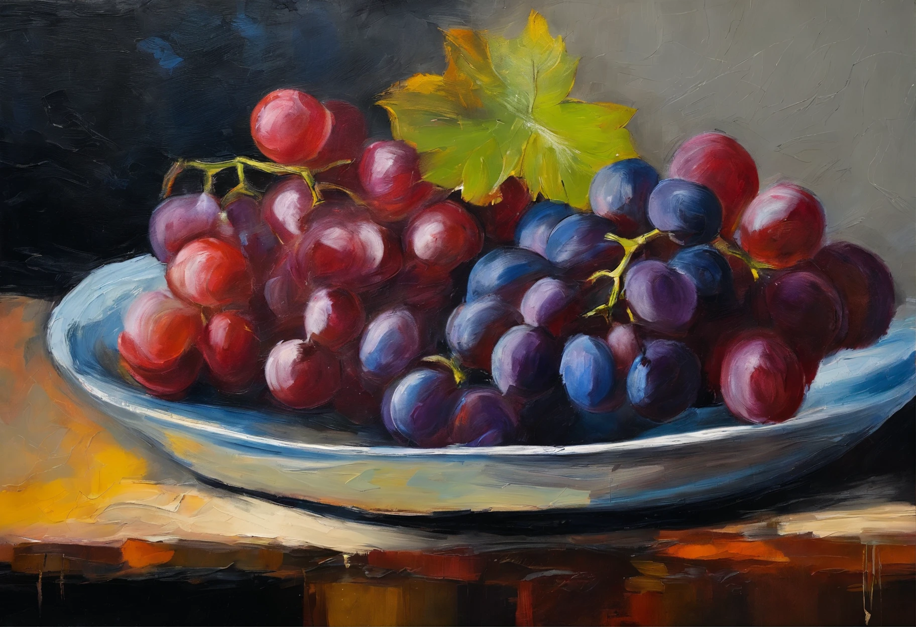 still life with grapes, oscuridad, pinceladas pesadas, pinceladas brillantes, textura canvas, fondo negro (in the style of Basquiat)