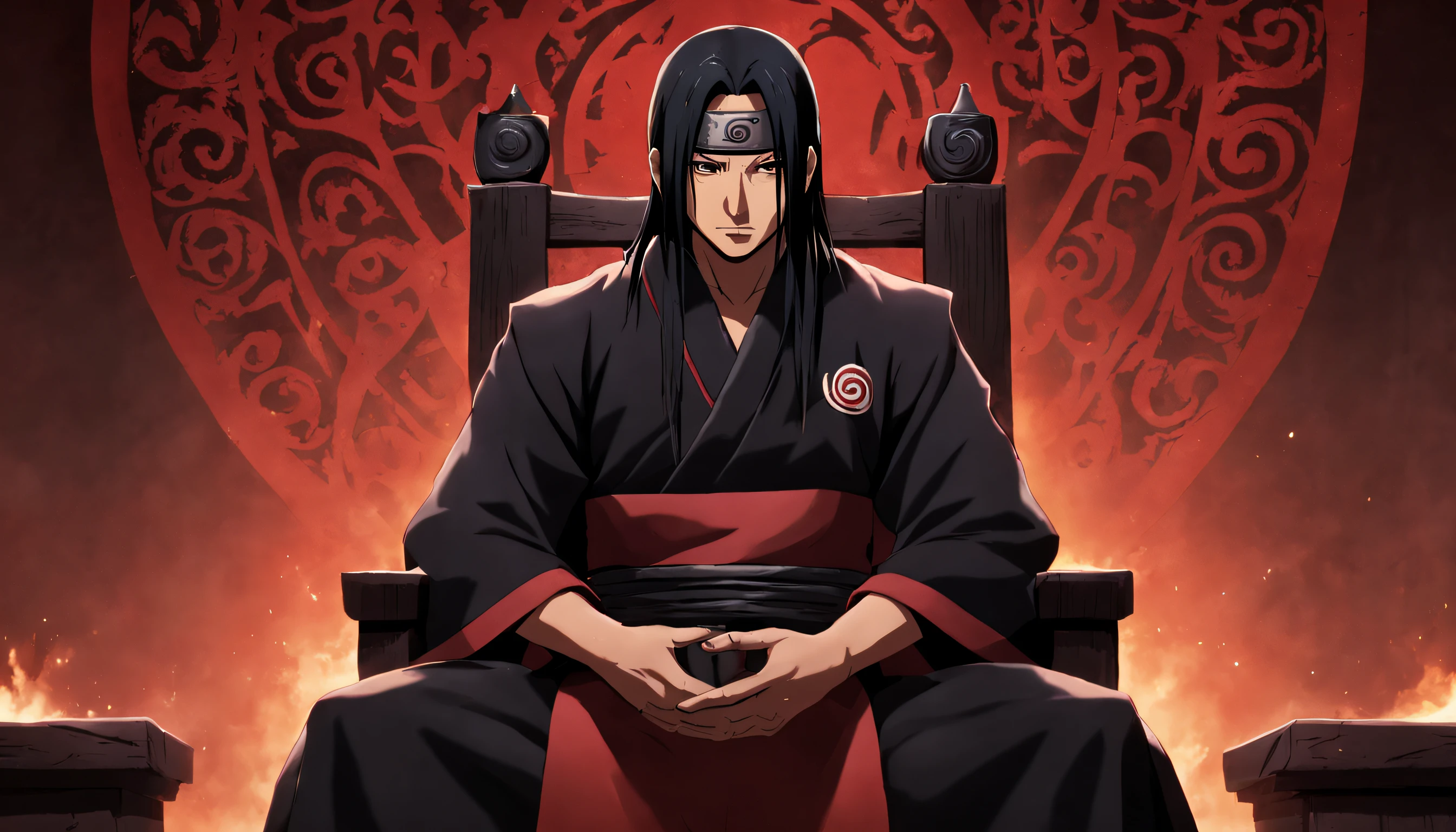 itachi uchiha, sentado em um trono
