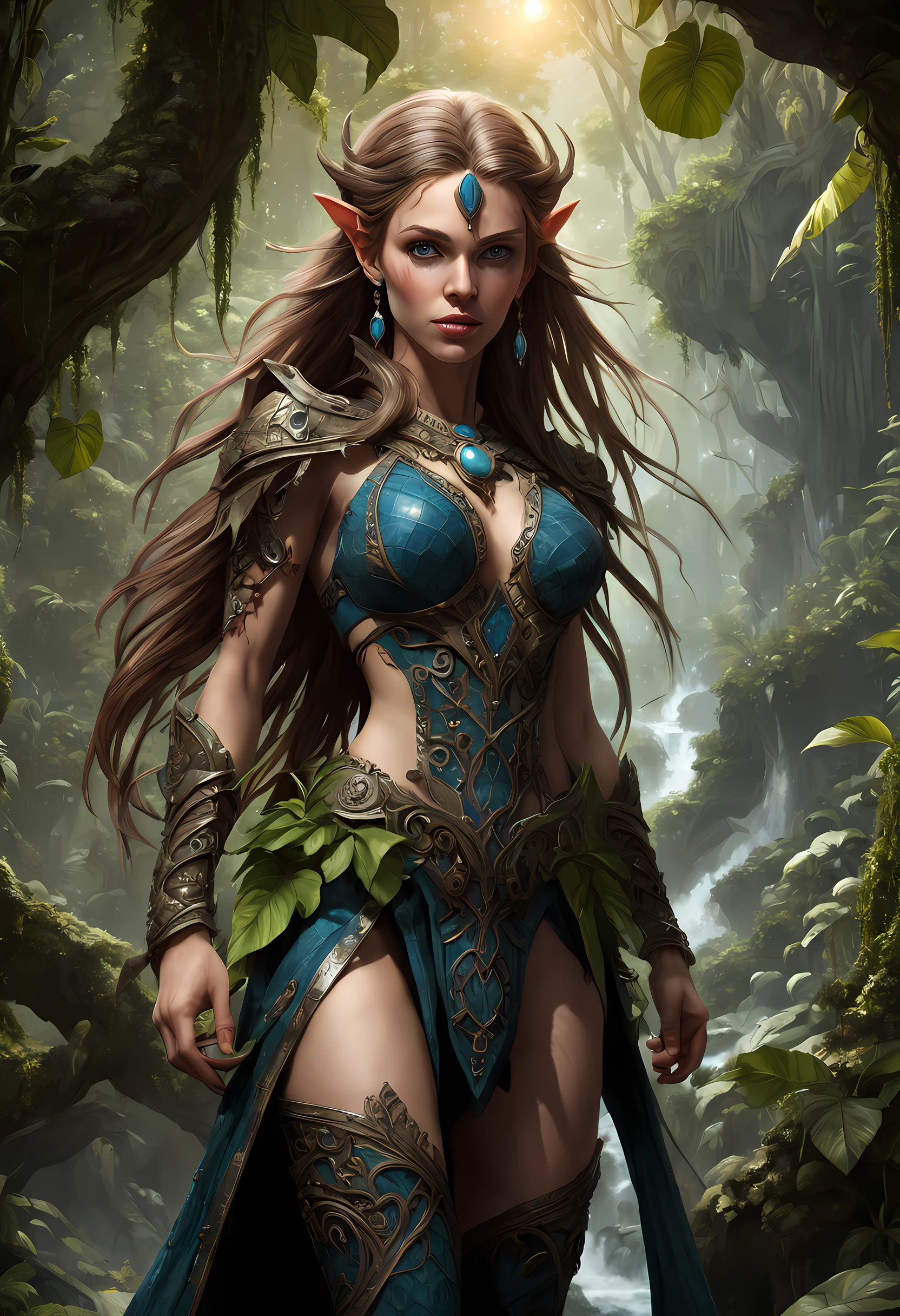 high details, best quality, 16k, [ultra detailed], masterpiece, best quality, (extremely detailed), drkfntasy,  tanjoreai, dynamic angle, ultra wide shot, RAW, photorealistic, fantasy art, realistic art, a female elf druid  (intricate details, Masterpiece, best quality: 1.5) in a jungle, a female elf wearing leather clothes  intricate details, Masterpiece, best quality: 1.4), leather boots, thick hair, long hair, brown hair, intense blue eyes, vibrant jungle (intense details), plenty of plant life, vines coming from trees,  many jungle trees (1.3 intricate details, Masterpiece, best quality), vines, a river flowing, sun light, dynamic light. dynamic angle, (intricate details, Masterpiece, best quality: 1.5) , 2.5 rendering, high details, best quality, highres, ultra wide angle