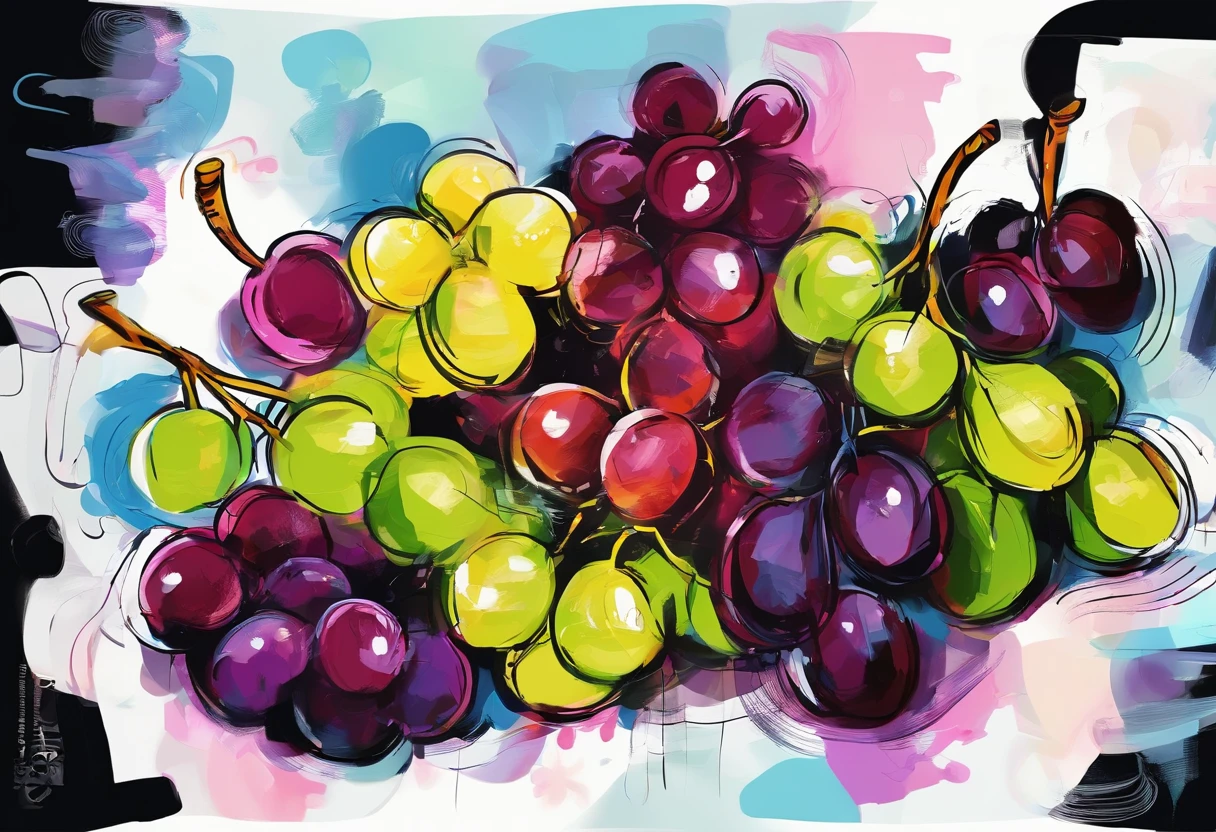 still life with grapes, oscuridad, pinceladas pesadas, pinceladas brillantes, textura canvas, fondo negro (in the style of Basquiat)