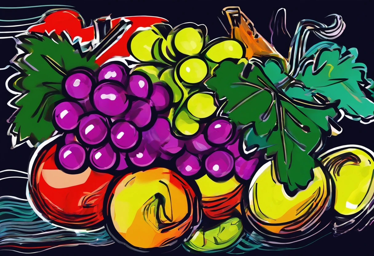 still life with grapes, oscuridad, pinceladas pesadas, pinceladas brillantes, textura canvas, fondo negro (in the style of Basquiat)