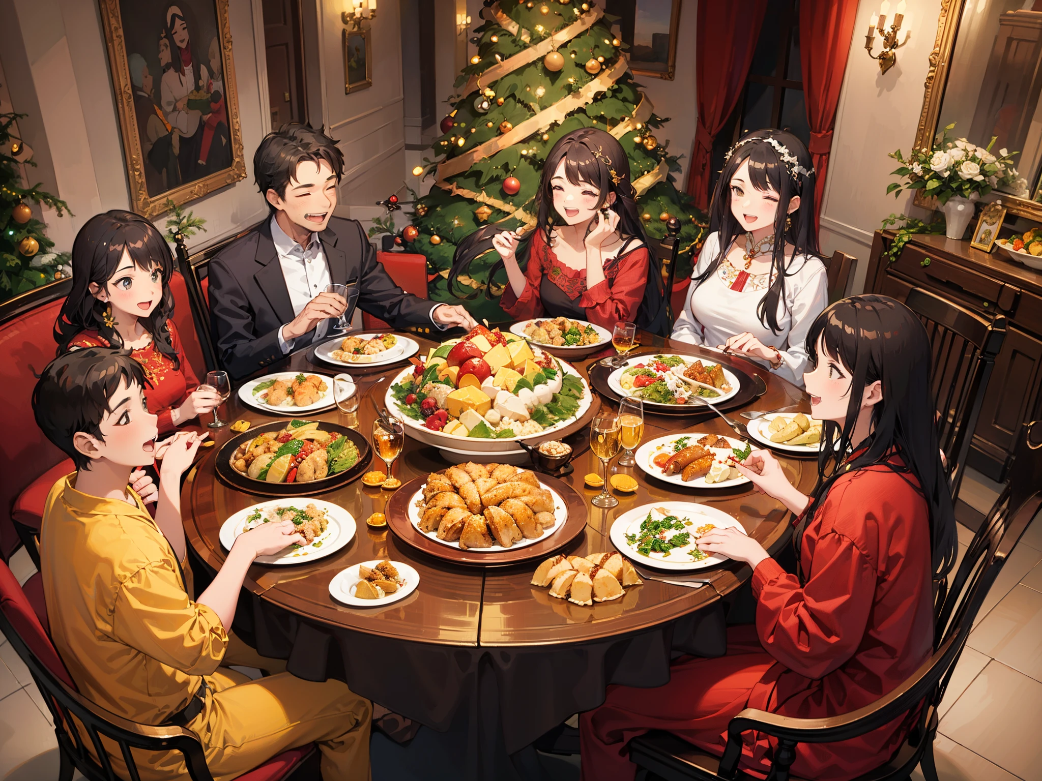 "At a Brazilian Christmas dinner, a joyful family gathers around a beautifully adorned table filled with traditional dishes, inspired by Tarsila do Amaral's vibrant artistry. The room is adorned with vivid colors and festive lights, capturing the essence of the holiday season. Laughter and storytelling fill the air, reflecting unity and love." a Style Med" --auto --s2
