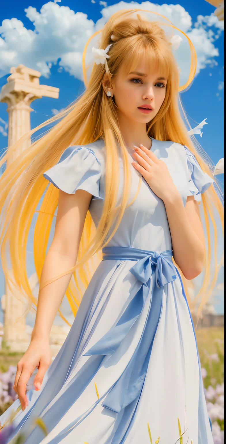 High-resolution, hyper-realistic. Masterpiece, full-body of beautiful woman about 20 years old. 1girl, greek, front view, slightly looking down, slightly side face, ((big narrowed eyes)), ((pretty beautiful face)), detailed face, delicate face, delicate nose, delicate lips, rose lips, ((perfect lips)), long blonde hair, straight hair, messy hair, ((bangs)), (loose hair)), hair blowing in the air, wearing a long white dress, ruffle collar on dress, lilac ribbon tied around the waist, ((perfect hands)), ((well done hands), ((well done fingers)), (((perfect ear))), ((greek column, blue sky, grass with flowers background)). Cinematic light.