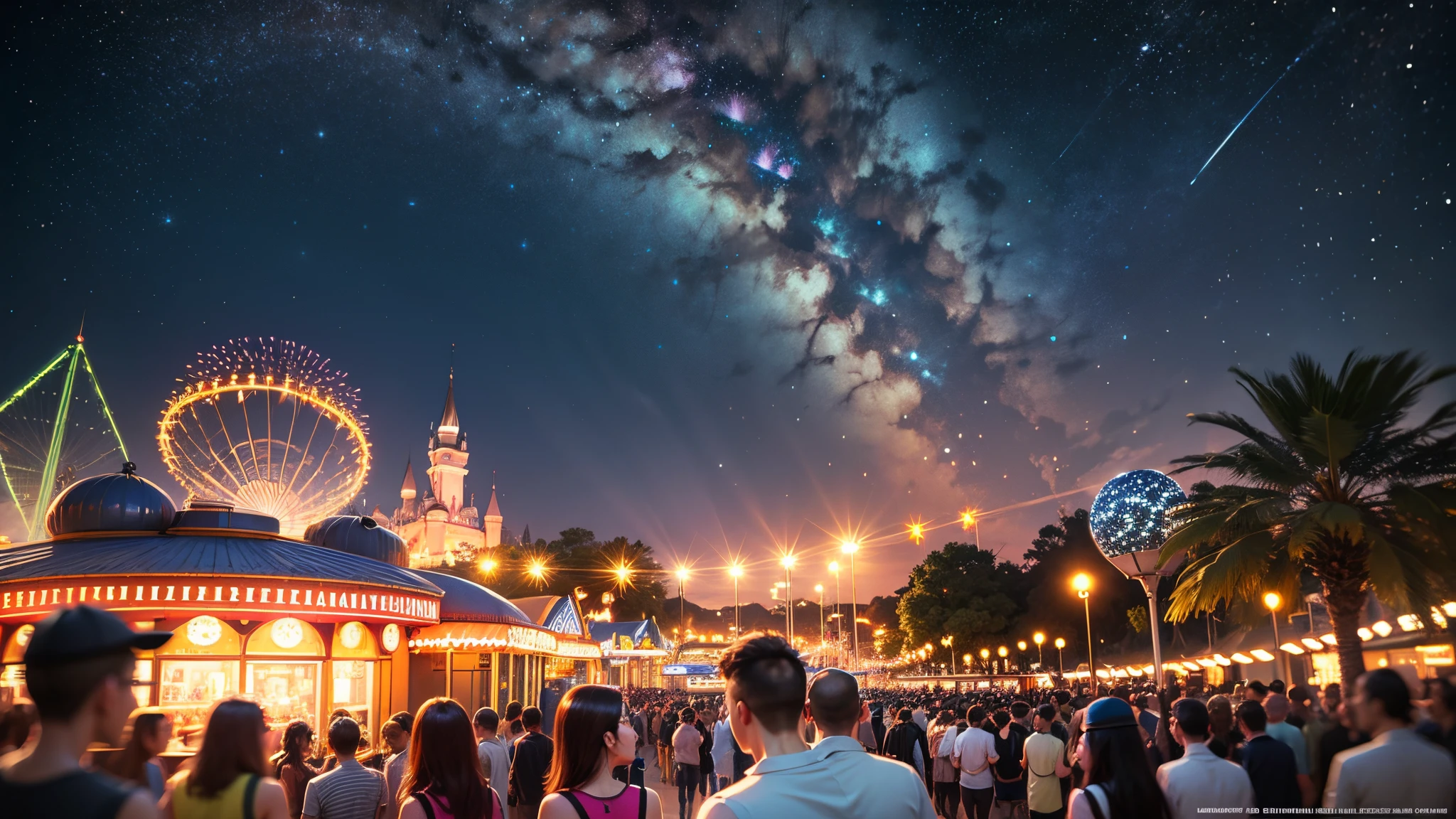 summer crowded theme park, starry night --auto --s2