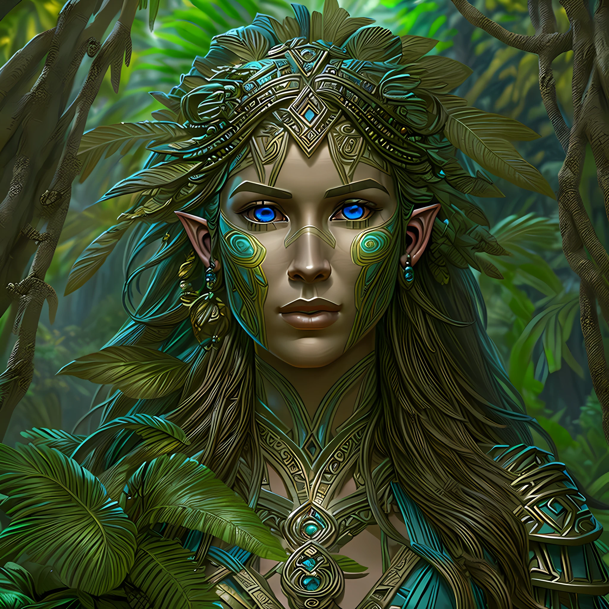 high details, best quality, 16k, [ultra detailed], masterpiece, best quality, (extremely detailed), gl0w1ngR, dynamic angle, ultra wide shot, RAW, photorealistic, fantasy art, realistic art, a female elf druid  (intricate details, Masterpiece, best quality: 1.5) in a jungle, a female elf wearing leather clothes  intricate details, Masterpiece, best quality: 1.4), leather boots, thick hair, long hair, brown hair, intense blue eyes, vibrant jungle (intense details), plenty of plant life, vines coming from trees,  many jungle trees (1.3 intricate details, Masterpiece, best quality), vines, a river flowing, sun light, dynamic light. dynamic angle, (intricate details, Masterpiece, best quality: 1.5) 3D rendering, high details, best quality, highres, ultra wide angle, zrpgstyle