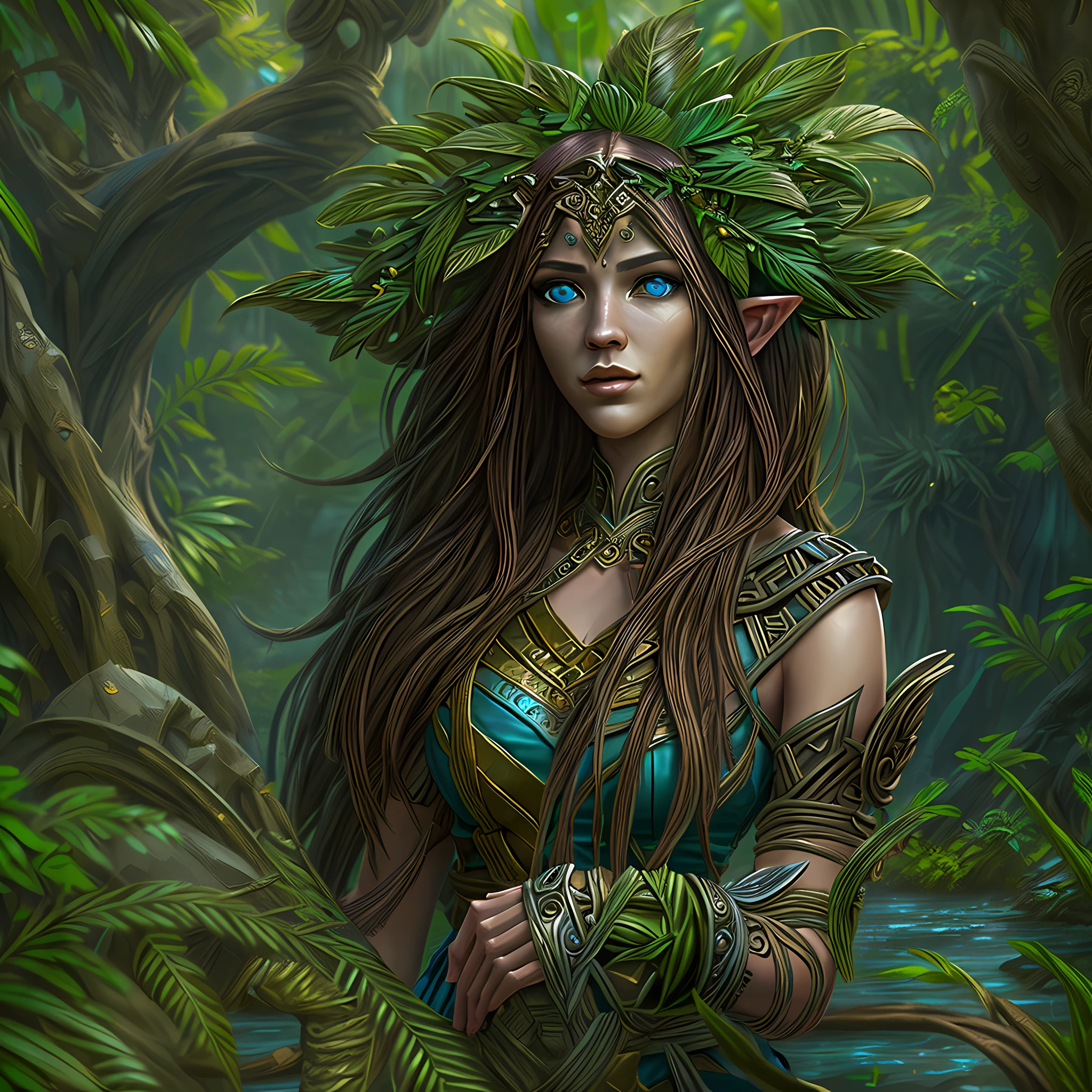 high details, best quality, 16k, [ultra detailed], masterpiece, best quality, (extremely detailed), gl0w1ngR, dynamic angle, ultra wide shot, RAW, photorealistic, fantasy art, realistic art, a female elf druid  (intricate details, Masterpiece, best quality: 1.5) in a jungle, a female elf wearing leather clothes  intricate details, Masterpiece, best quality: 1.4), leather boots, thick hair, long hair, brown hair, intense blue eyes, vibrant jungle (intense details), plenty of plant life, vines coming from trees,  many jungle trees (1.3 intricate details, Masterpiece, best quality), vines, a river flowing, sun light, dynamic light. dynamic angle, (intricate details, Masterpiece, best quality: 1.5) 3D rendering, high details, best quality, highres, ultra wide angle, zrpgstyle