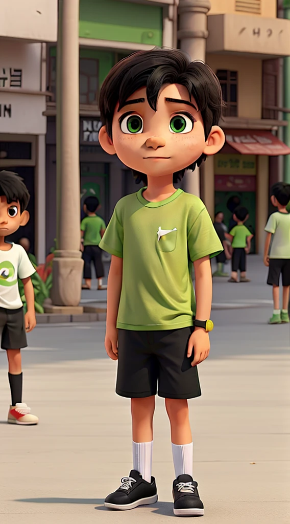 a kid of 10 years age in green t shirt and white shorts and black shoes standing alone in the busy street of lahore, looking sad