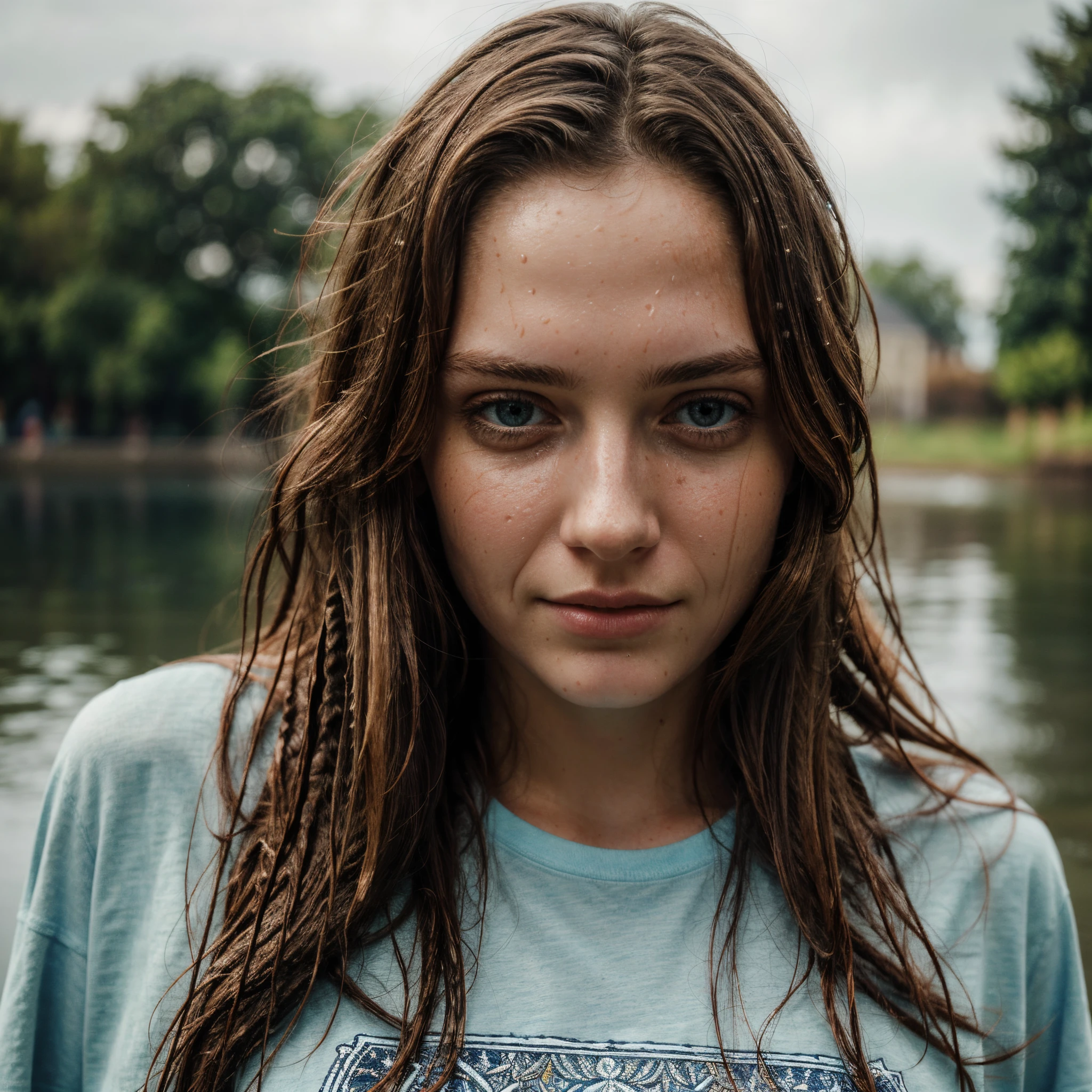 portrait of face mixture of Eleanor & Emily, a beautiful woman,in a (body-of-water),wearing a (crewneck t-shirt:1.1),(wet-hair),(8k, RAW photo, best quality, depth of field, ultra high res:1.1),(absurdres, intricate, photorealistic, masterpiece, ultra-detailed:1.2),