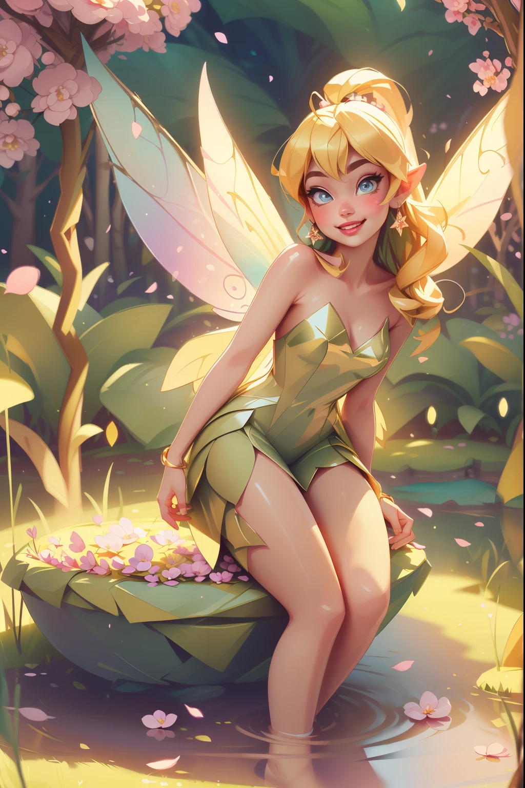 (best quality,4k,8k,highres,masterpiece:1.2),ultra-detailed,(realistic,photorealistic,photo-realistic:1.37),sexy tinkerbell,illustration,sparkling wings,enticing smile,playful eyes,long blonde hair,fairy tale,enchanted garden,floating petals,magical colors,golden dust,surreal atmosphere,soft glow,pastel tones,mystical fairy dust