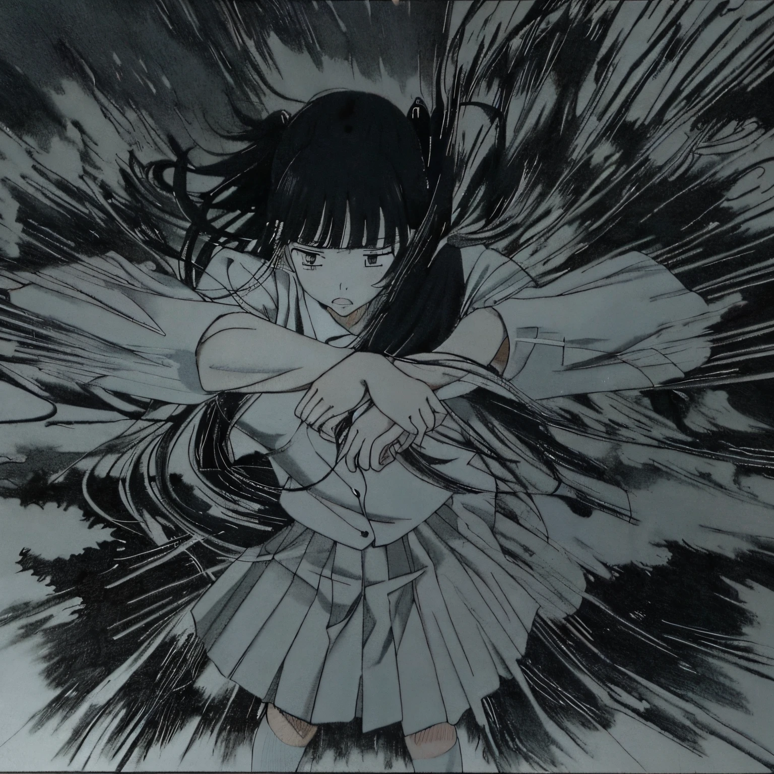 in the style of Chi no Wadachi, manga style, black and white, a girl wearing a school uniform reaching out for embrace with both hands, surrounded by darkness, black hair, her face scribbled out, ((wide shot)), ((centered)), ((from below, distanced)), ((in the distance surrounded by darkness))