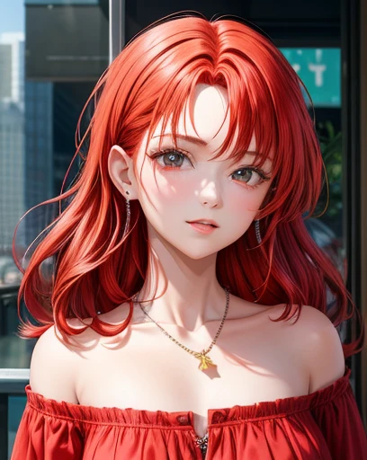 1girl, ((red hair)), off shoulder shirt, portrait, diamond stud earrings, necklace, cleavages