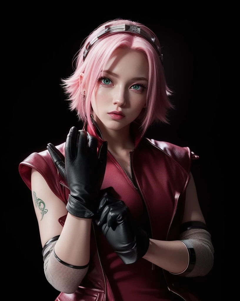 young woman, porcelain skin, long bubblegum pink hair, big pink lips, big emerald green eyes, pink eyebrows, red clothes, Sakura Haruno, 3d, realism, black gloves