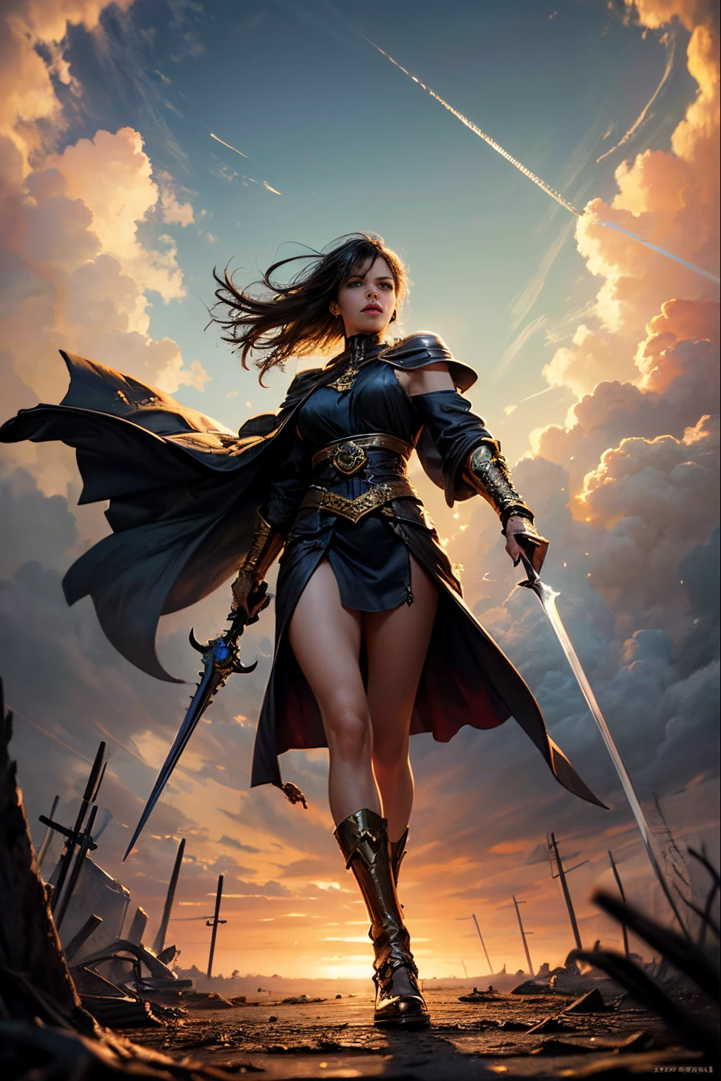 "((Heroic)) photographic capture, dynamic pose of a fierce ((girl)) brandishing a gleaming sword, ancient altar against a stormy sky, stark tree silhouette, dramatic clouds, golden hour, rule of thirds, intense colors, (ultra high res), ((commanding))
