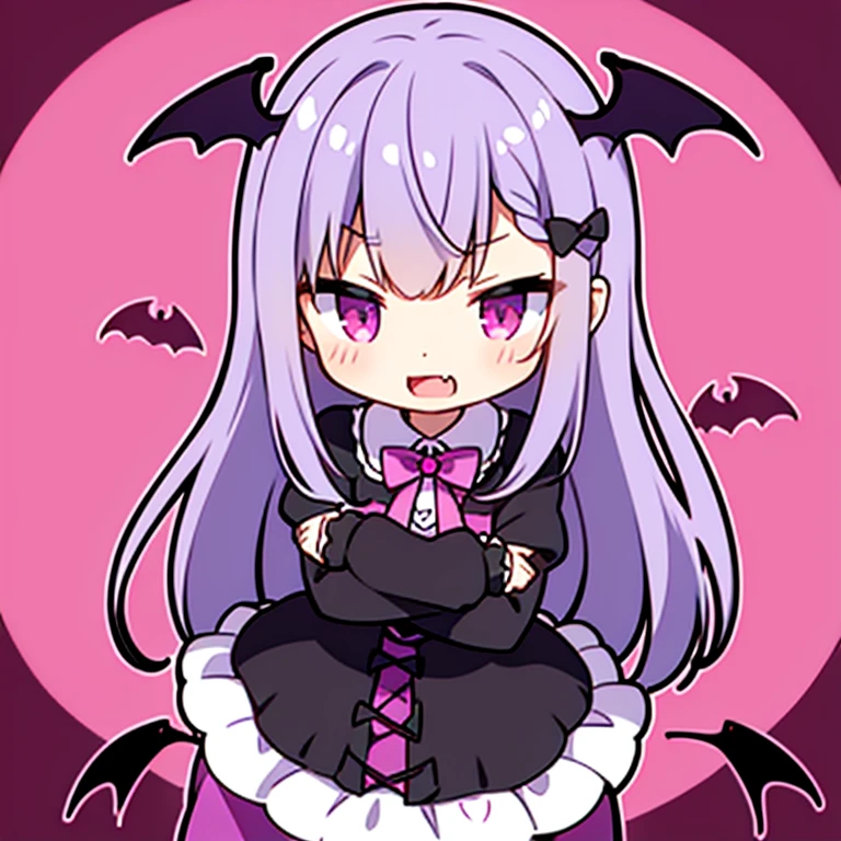 Vampire,bat wings,small cute fang, confident expression,purple braided hair,black and pink Gothic dress,crossed arms,