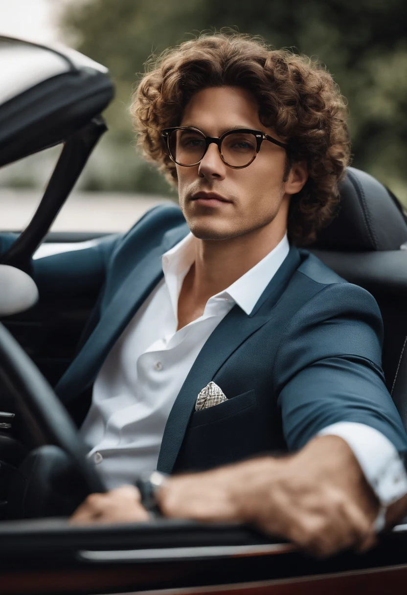 A photo of Sam sitting in the driver's seat of a limited edition FTX-branded luxury car,original,He has curly, often unruly hair. He typically appears clean-shaven. He is often seen wearing round glasses. Notably, his dress style is usually casual, often seen in T-shirts or simple shirts, which is somewhat unconventional for someone of his status in the financial world. Despite his significant role in the finance and cryptocurrency industry, he has a relatively youthful look., male