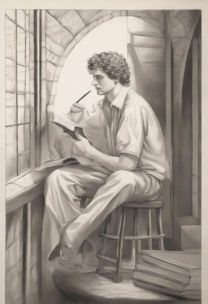 SBF, in (prison:1.2), creating a beautiful piece of calligraphy in the prison library,original,Sam Bankman-Fried, often referred to as SBF, is known for his casual and unassuming appearance, typically seen in simple T-shirts and shorts, a stark contrast to the typical corporate attire of financial executives. He has a youthful look, accentuated by his curly hair and often a relaxed, approachable demeanor. , male