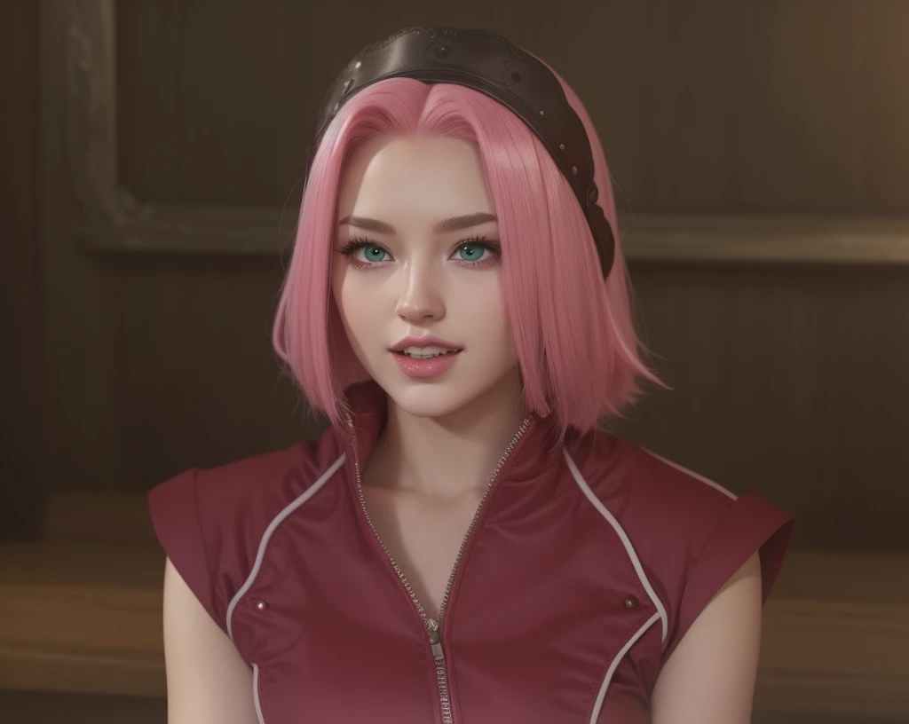 young woman, porcelain skin, long bubblegum pink hair, big pink lips, big emerald green eyes, pink eyebrows, red clothes, Sakura Haruno, 3d, realism, black gloves
