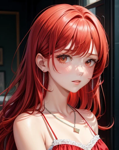 1girl, ((red hair)), white lace camisole, portrait, diamond stud earrings, necklace, cleavages, sad