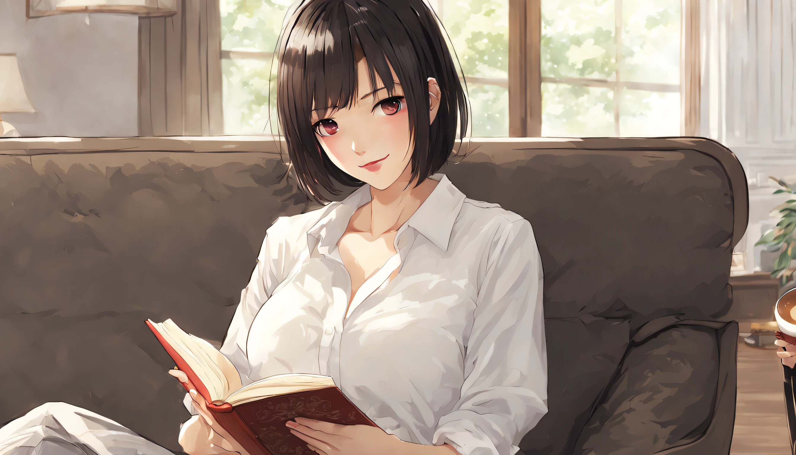 japan 1lady solo, /( sleeved white shirt with black bra /), /(dark brown short hair/) bangs, blush light smile, (masterpiece best quality:1.2) delicate illustration ultra-detailed, large breasts BREAK /(living room indoors/) sitting on the sofa and reading a book.