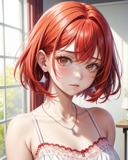 1girl, ((red hair)), ((white lace camisole)), portrait, diamond earrings, necklace, cleavages, sad