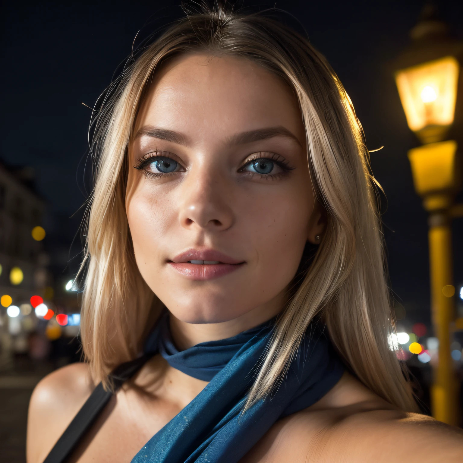 (taking selfies, Plan: 1.4), (The right half of the torso: 1.4), Portrait photo of a 24-year-old blonde in RAW UHD format (Blue-eyed woman) Walk down the dark alley, big breastes,, night city, (rock), (neck), specificity (cloth! , cabelo! , shine, a color!! , imperfections: 1.1), Vibrant eyes with a high level of detail (looking up at the camera), DSLR Lighting, Single-lens reflex camera, ultra quality, sharpness, Depth of field, Filmcorn (Middle), Fujifilm XT3, Clair, Rahmenmitte, beatiful face, sharp-focus, street lamp, Neonbeleuchtung, bokeh (dimly lit), the night, (night sky), detailed skin pores, oilly skin, suntan, Compound eyesRead More, body complet, big breastes