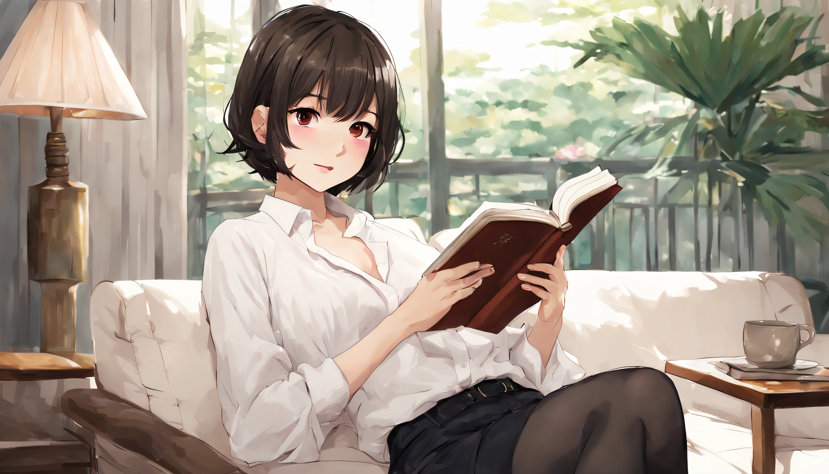 japan 1lady solo, /( sleeved white shirt with black bra /), /(dark brown short hair/) bangs, blush light smile, (masterpiece best quality:1.2) delicate illustration ultra-detailed, large breasts BREAK /(living room indoors/) sitting on the sofa and reading a book.