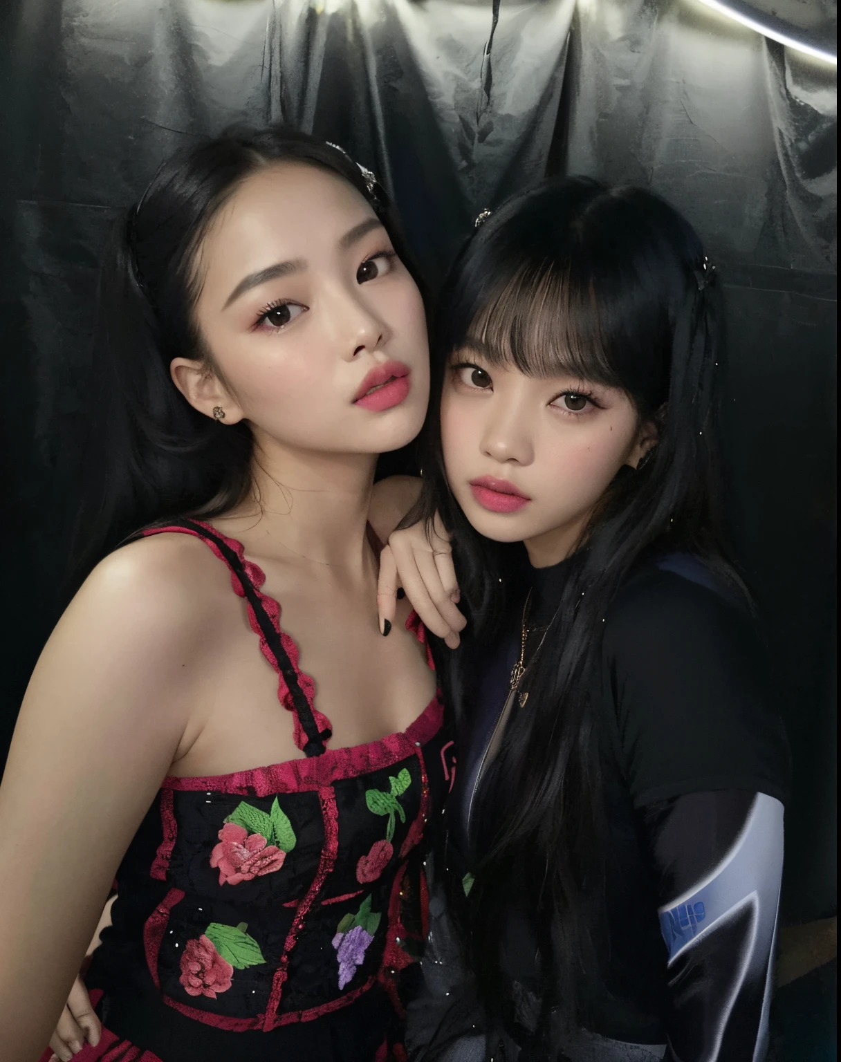 There are two women posing together for a photo in a photo booth, Blackpink Jennie, Lalisa Manobal, Jossi de Blackpink, Nixeu y Sakimichan, Lalisa Manoban de Blackpink, rosa negro, ulzzang, con hiedra, Retrato de Jossi de Blackpink, Parque Roseanne de Blackpink, Ella tiene el pelo negro con flequillo, con negro
