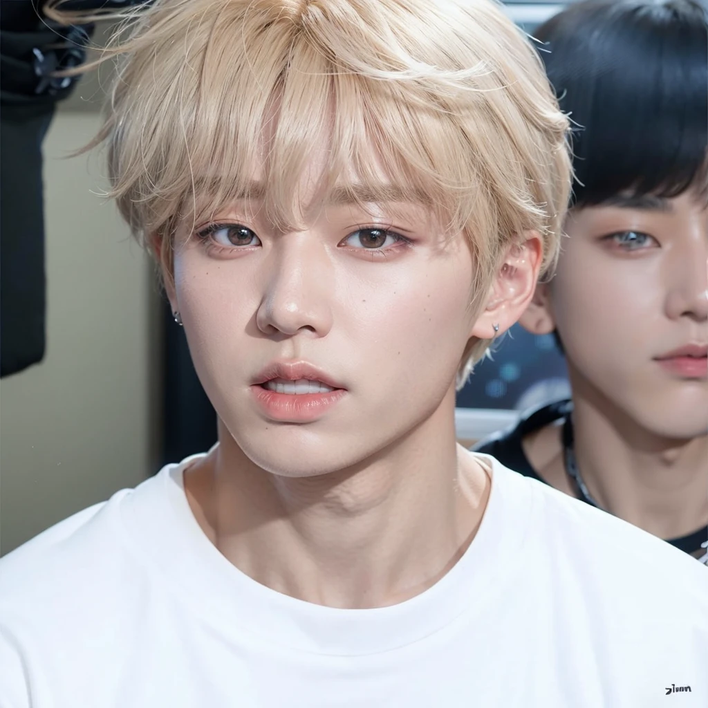 un primer plano de una persona con una camisa blanca y un hombre de cabello rubio, Jimin\labios regordetes, Cara precisa de Jimin, Wan adorable cara coreana, Jimin, Jimin\swollen right eyelid, Taejune Kim, Jinyoung Shin, Jimin\Nariz griega de, Yanjun Chengt, young wan angel, Parque Jimin, Kim Doyoung