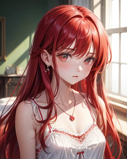 1girl, ((red long hair)), ((white lace camisole)), portrait, diamond earrings, necklace, cleavages, sad