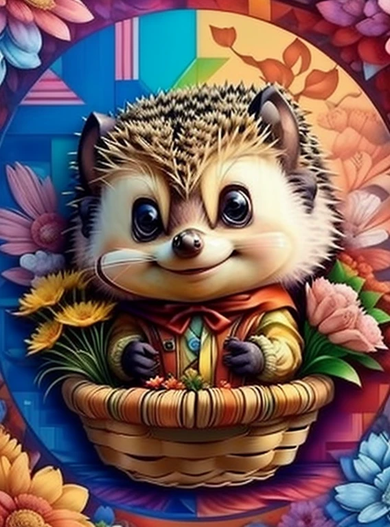 (cute baby hedgehog with a red hood and basket of flowers),(melhor pose),(best angle), (better expression), Eduardo Kobra acolchoamento ,multidimensional geometric wall PORTRAIT, arte, Chibi,
Yang08k, lindo, Colouring,
Primary works, qualidade superior, melhor qualidade, Arte Oficial, Beautiful and Aesthetic, pelos coloridos,