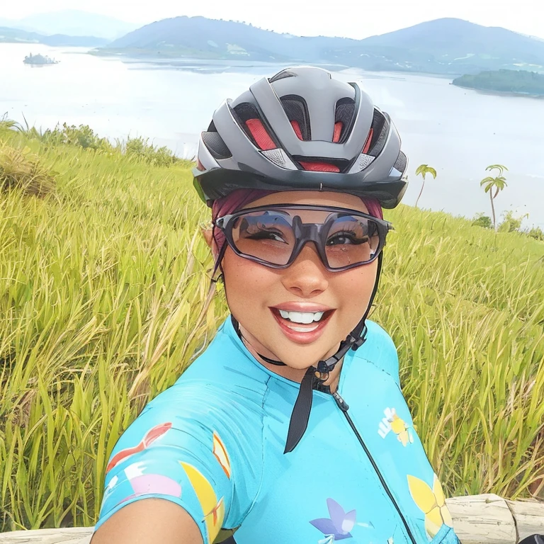 mulher sorridente com camisa azul e capacete tirando uma selfie, ciclismo!!, com montanhas ao fundo, with a happy expression, com montanhas no fundo, 8 mil. preenchendo a maior parte da vista, imagem de uma motociclista feminina, tirado no iphone 14 pro, Assumido em Go Pro Hero8, tirado no iphone 1 3 pro, usando capacete, retrato!!, Feliz!!!